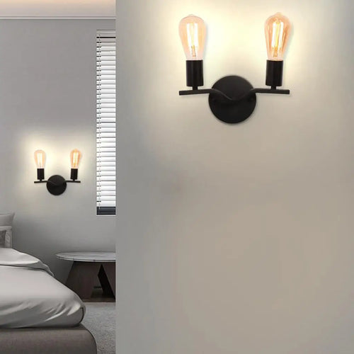 Two-head wall light in wood and iron loft style - vue 8 sur 8