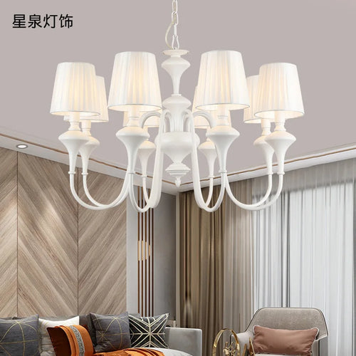 Modern chandelier with three or six lights in metal with fabric shade - vue 2 sur 5
