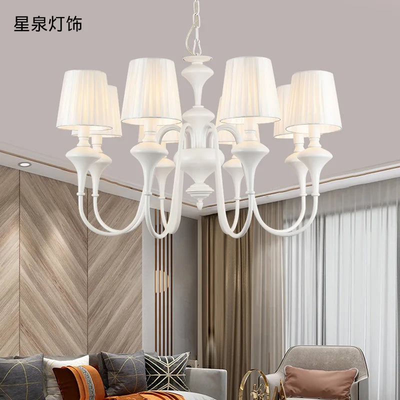 Modern chandelier with three or six lights in metal with fabric shade