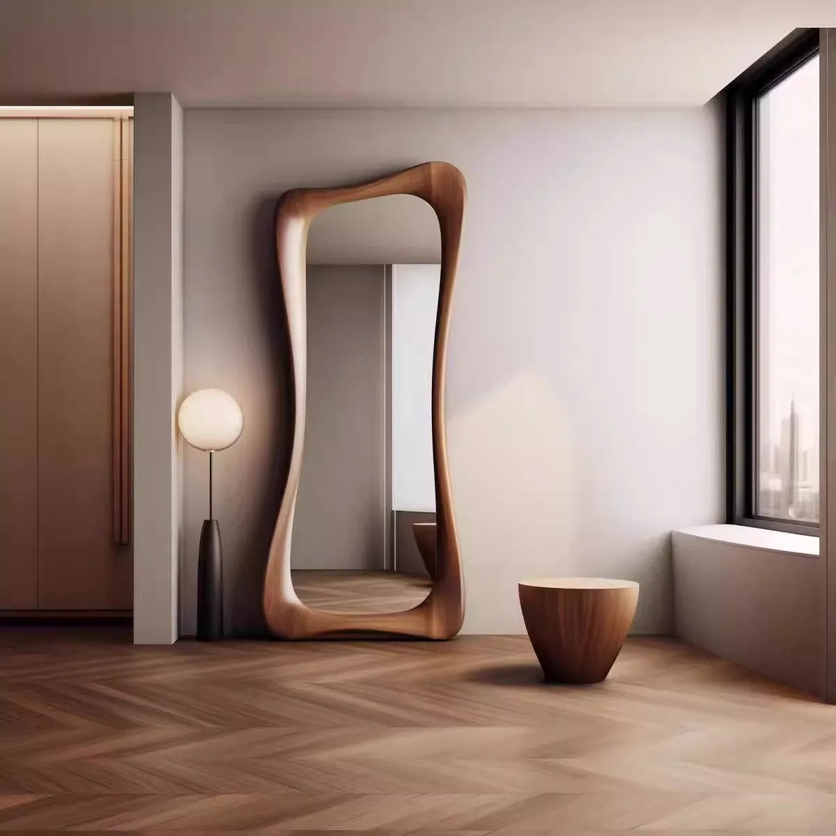 French decorative mirror in walnut wood, luxury retro style