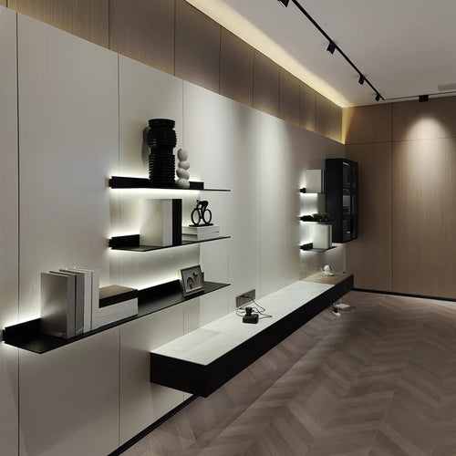 open and illuminated aluminum wall shelf - vue 4 sur 9