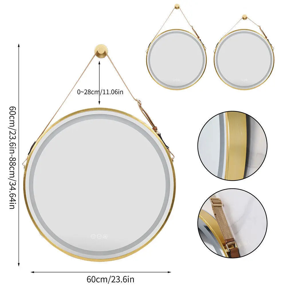 600mm Round LED Mirror Illuminated Lighted Wall Hanging Bathroom Mirror, Anti-fog, Golden/ Black Frame for Bathroom Entryway - vue 8 sur 8