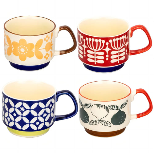 Set of 4 stackable japanese retro style ceramic mugs