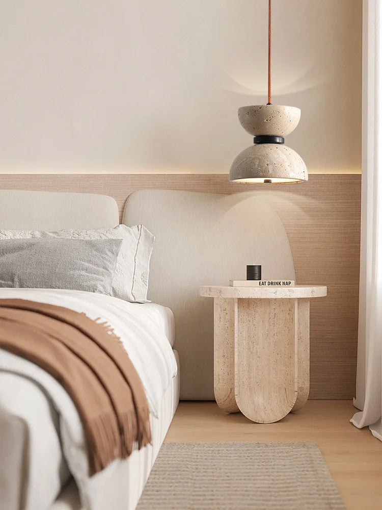 Japanese wabi-sabi style travertine bedside lamp modern decor - vue 3 sur 7