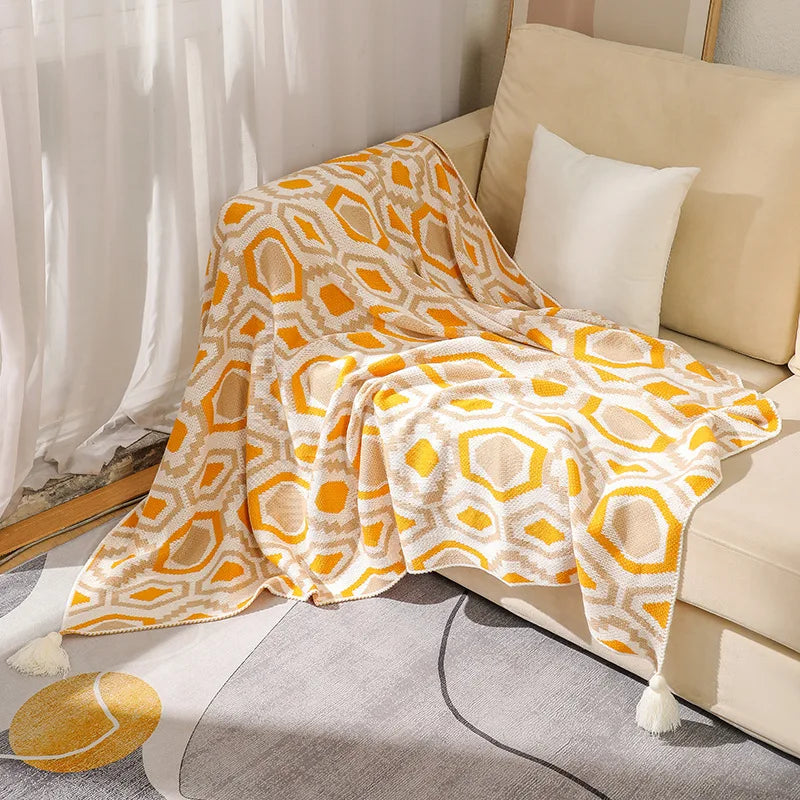 Bohemian geometric check throw with tassels for living room - vue 3 sur 7