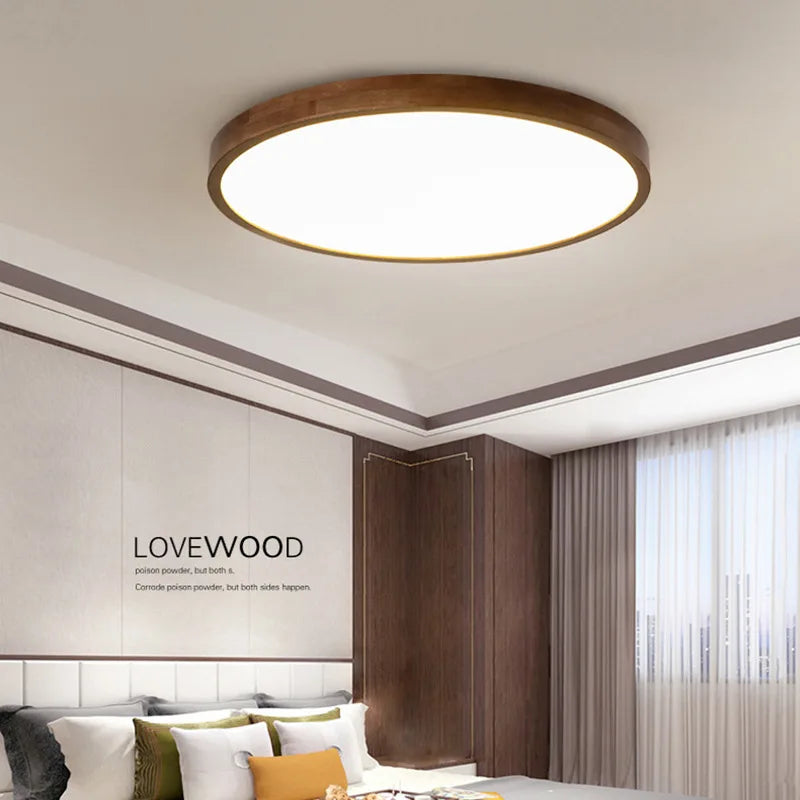 Ultra-slim Chinese walnut round wood ceiling light, Nordic design for bedroom, study, balcony or hallway - vue 3 sur 5