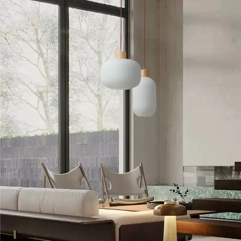 Nordic white striped glass pendant light with wood accent for dining, kitchen and bedside