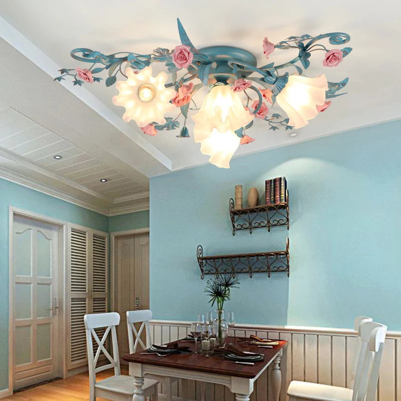 Retro ceramic ceiling light with luminous flowers and plants