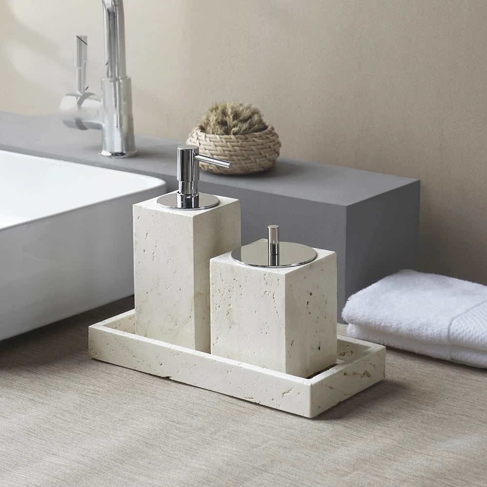ensemble daccessoires en travertin beige pour salle de bain - vue 3 sur 20
