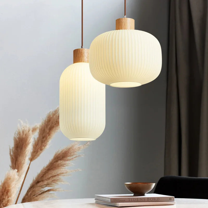 White glass pendant light with Japanese simplicity for living room, bedroom, dining room and loft