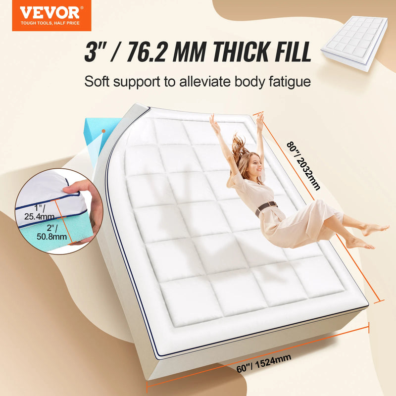 VEVOR Mattress Topper Queen Size 3 in / 4 in Thickness, Memory Foam &amp; Fiber Fill, Ergonomically Designed for Pressure Relief