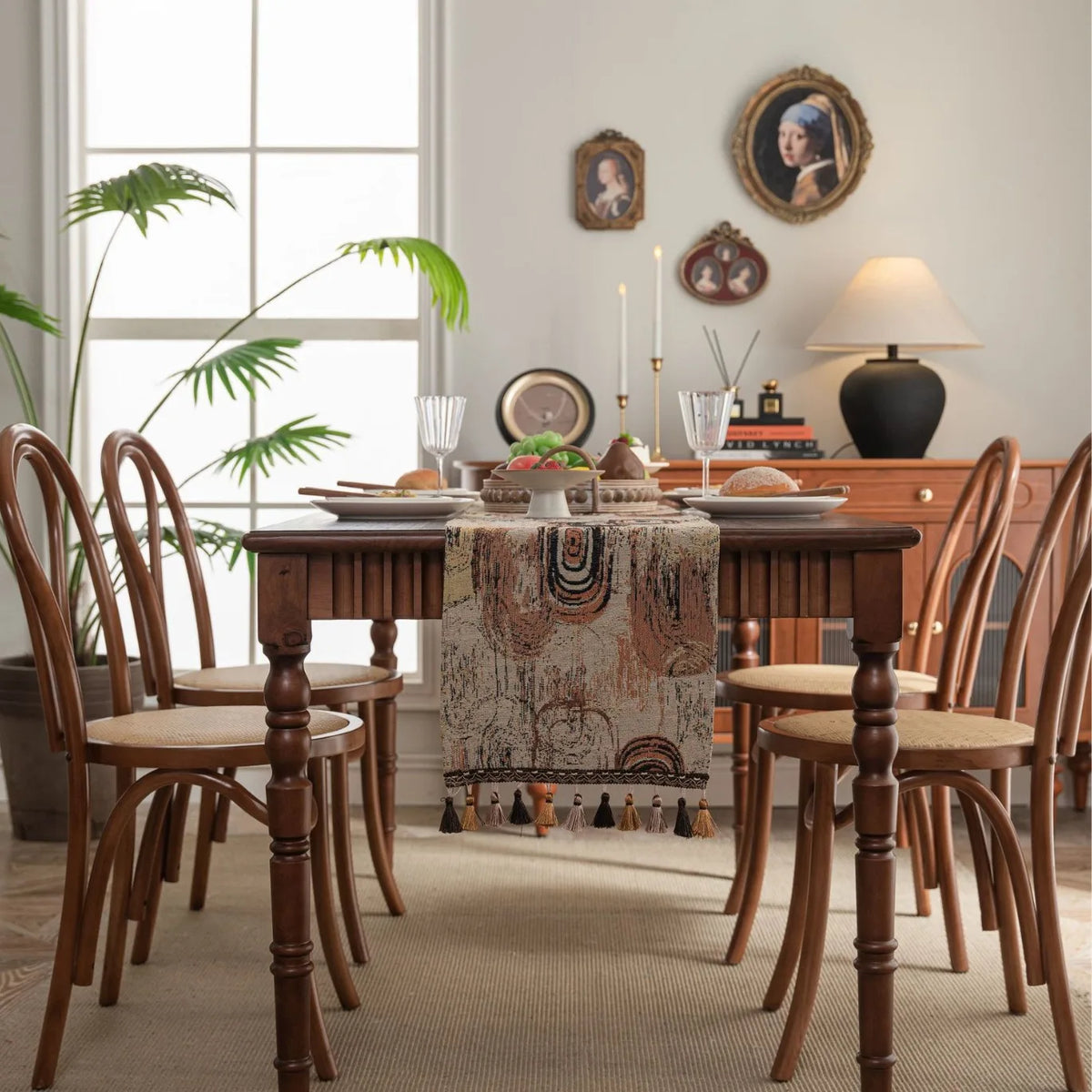 Green jacquard floral table runner with tassels countryside style