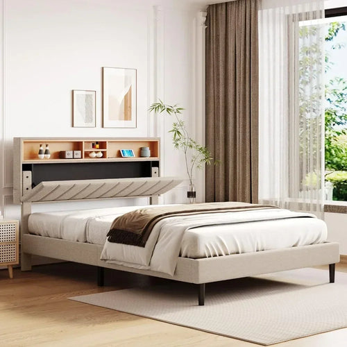Bed frame bedroom furniture: headboard with storage and USB ports, full, gray modern upholstered platform bed - vue 3 sur 8