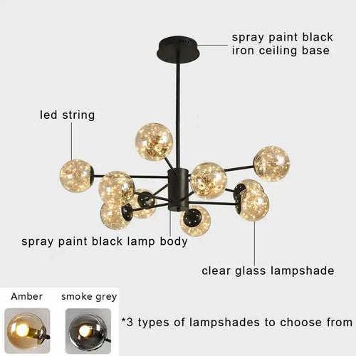 Modern star chandelier with decorative glass lampshade - vue 5 sur 24