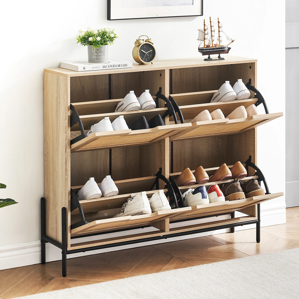 natural rattan shoe cabinet with drop-down doors and adjustable shelves