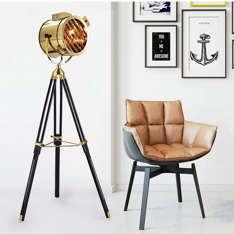 Industrial wooden tripod floor lamp for modern interiors