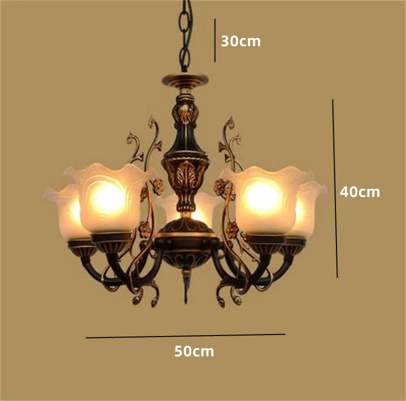 Vintage wrought iron chandelier with decorative glass shade