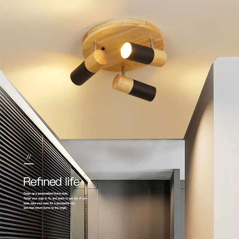 Nordic wooden LED ceiling light with rotatable multihead decorative indoor design