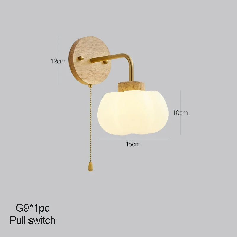 Solid wood pumpkin wall light with pull switch