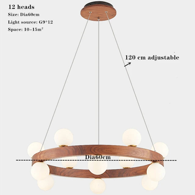 Round walnut chandelier with modern LED glass bulbs