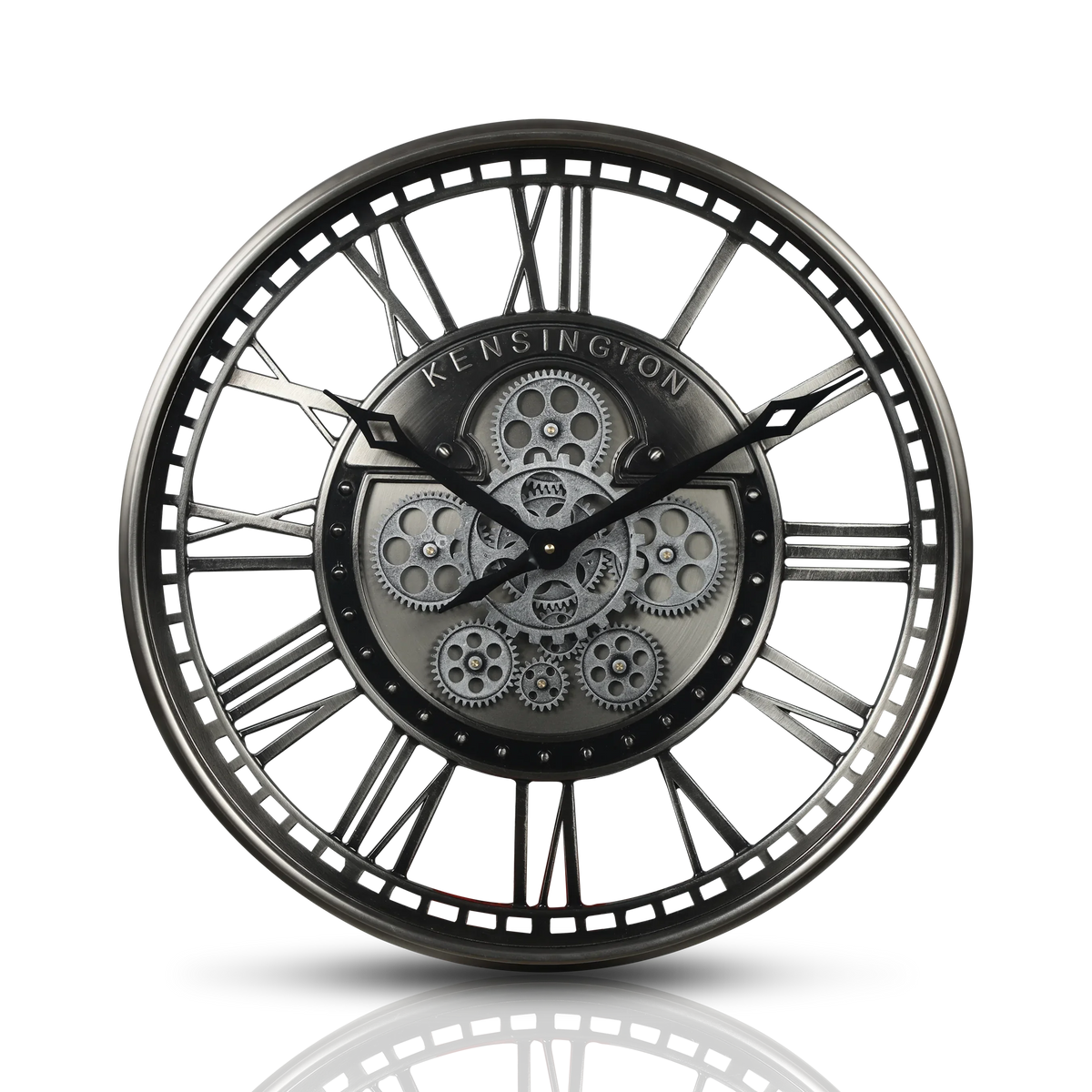 industrial metal wall clock with decorative moving gears - vue 7 sur 14