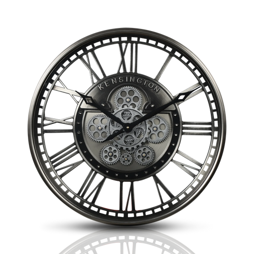 industrial metal wall clock with decorative moving gears - vue 8 sur 14