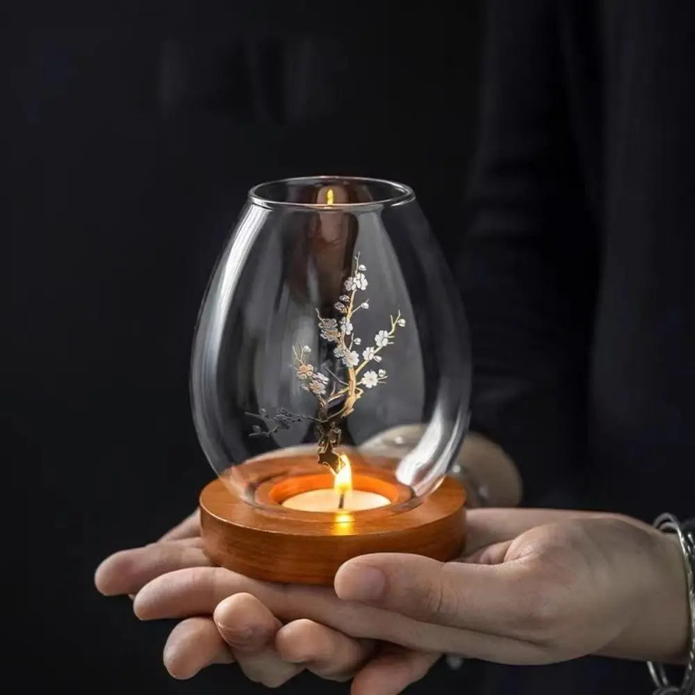 Glass candle holders with lid and wooden base for home decor
