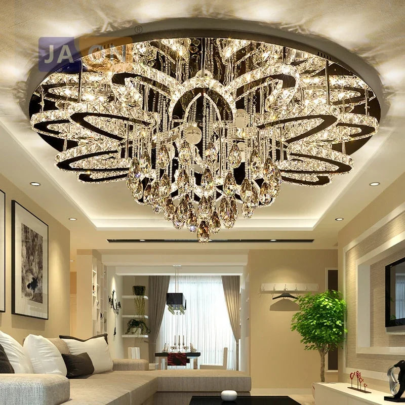 Modern LED crystal and stainless steel ceiling light with elegant design for interiors