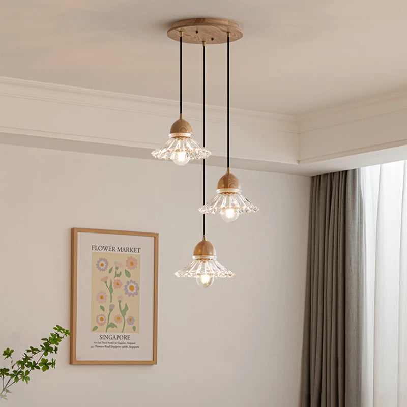 Modern Nordic Japanese LED wood and glass chandelier