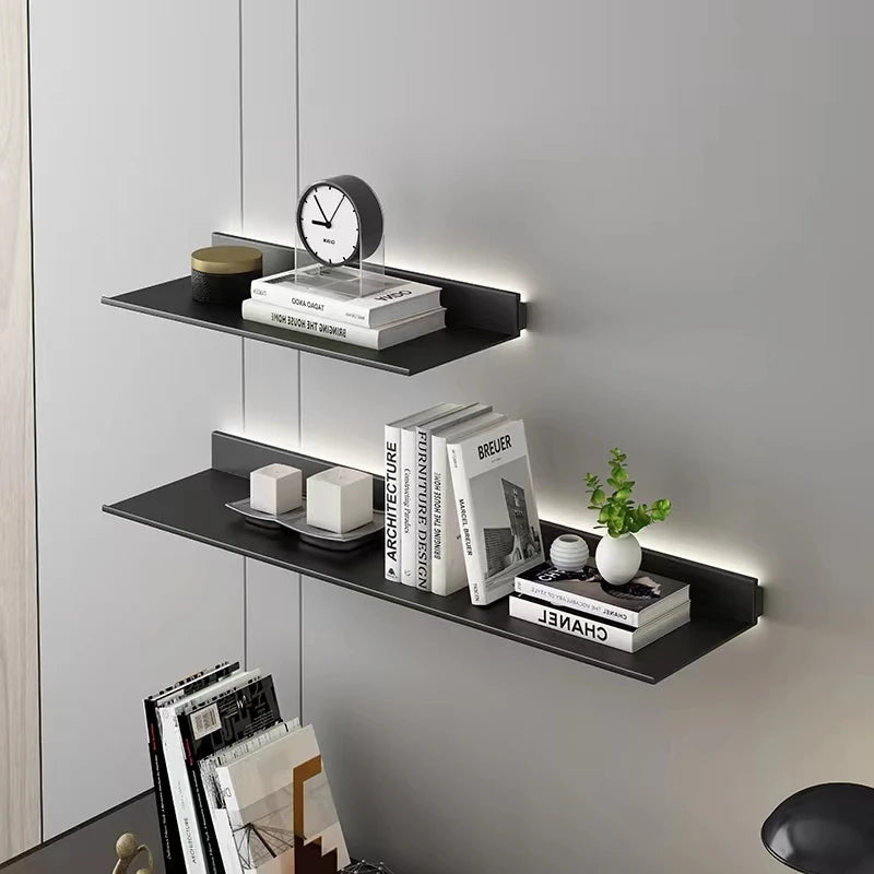open and illuminated aluminum wall shelf