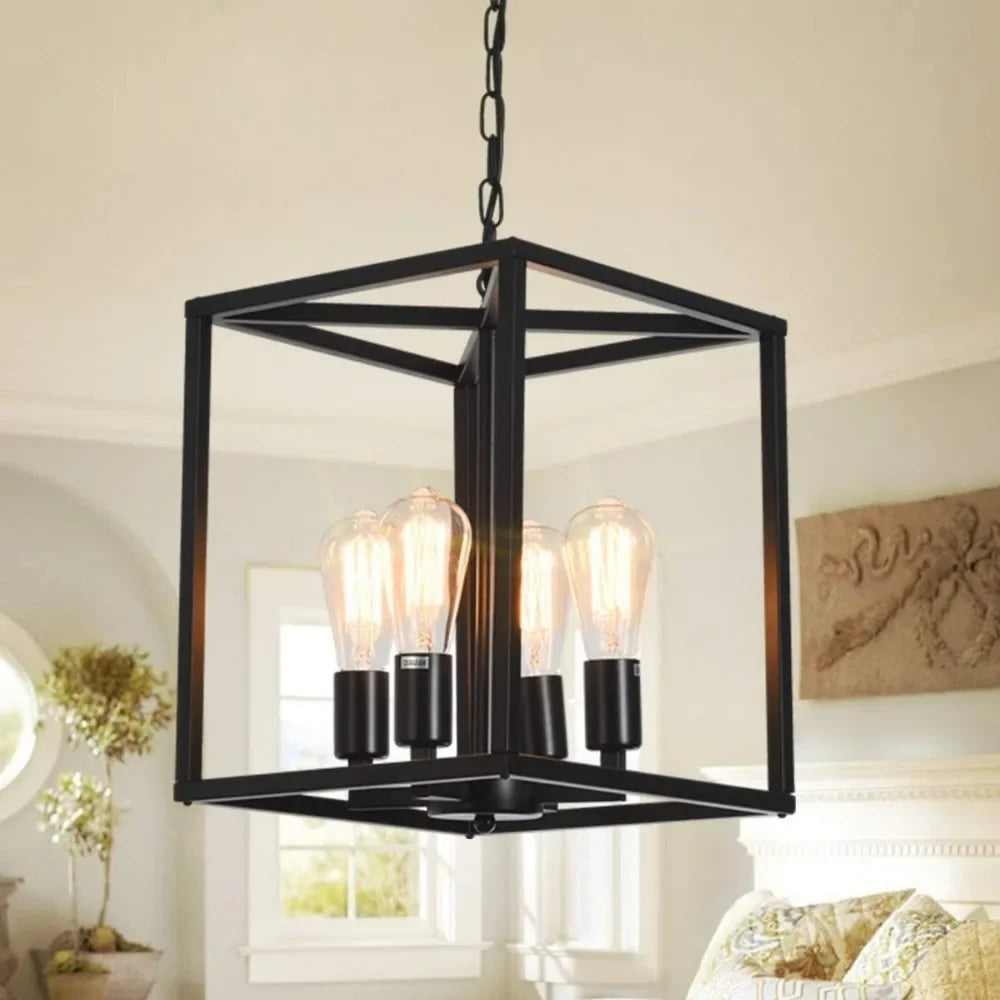 Vintage industrial iron pendant light rectangular lantern for living room and bedroom - vue 4 sur 9