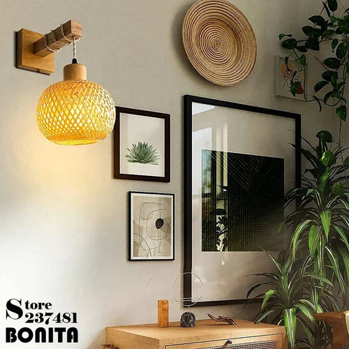 Rattan and wood wall light Japanese style indoor decor - vue 7 sur 8