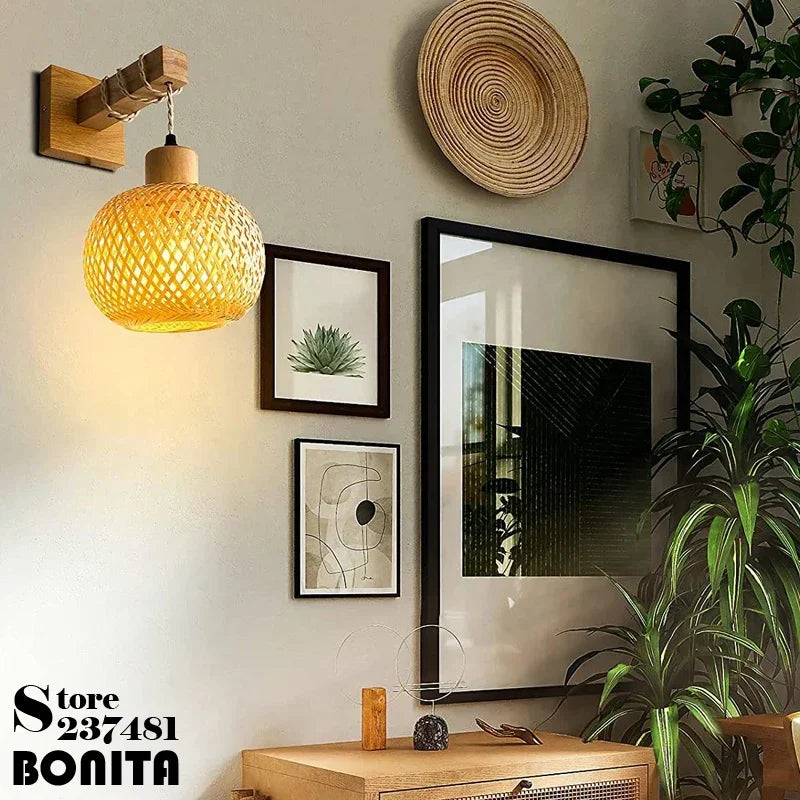 Rattan and wood wall light Japanese style indoor decor - vue 7 sur 8