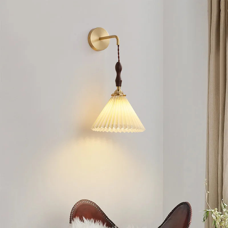 Japanese vintage chandelier with pleated walnut lampshade