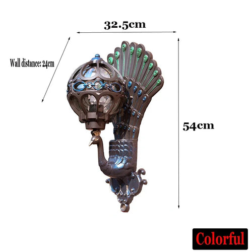 European retro style peacock LED wall light for hotel, villa, balcony or doorway – suitable for indoor and outdoor lighting - vue 11 sur 11