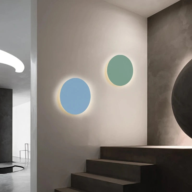 LED minimalism modern wall light for living room, bedroom, hallway, colourful circular iron plate