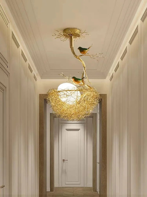 Modern LED chandelier with bird's nest design and glass ball - vue 7 sur 14