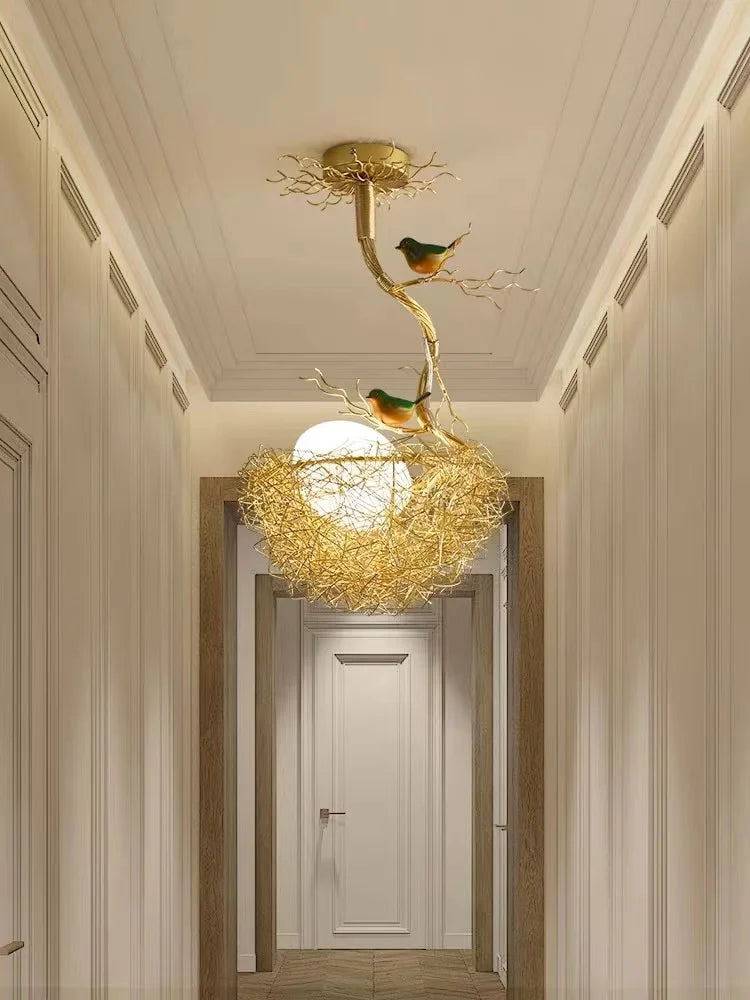 Modern LED chandelier with bird's nest design and glass ball - vue 6 sur 14
