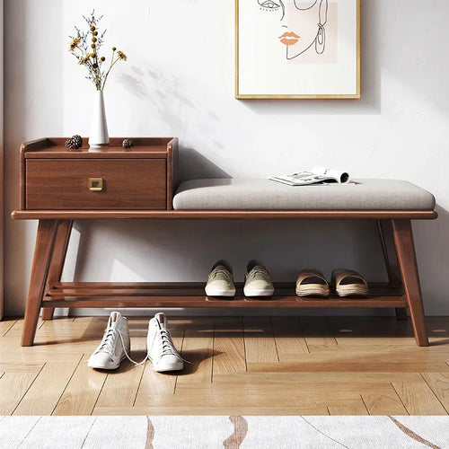wooden shoe cabinet with drawers and built-in bench - vue 4 sur 7