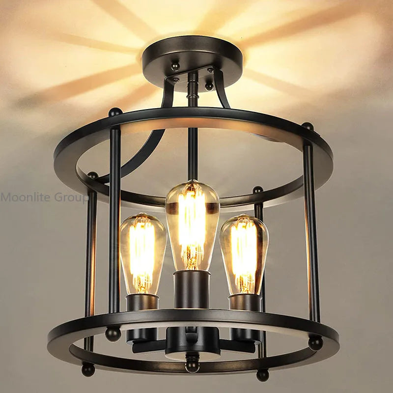 Retro industrial black wrought iron LED ceiling chandelier with three heads