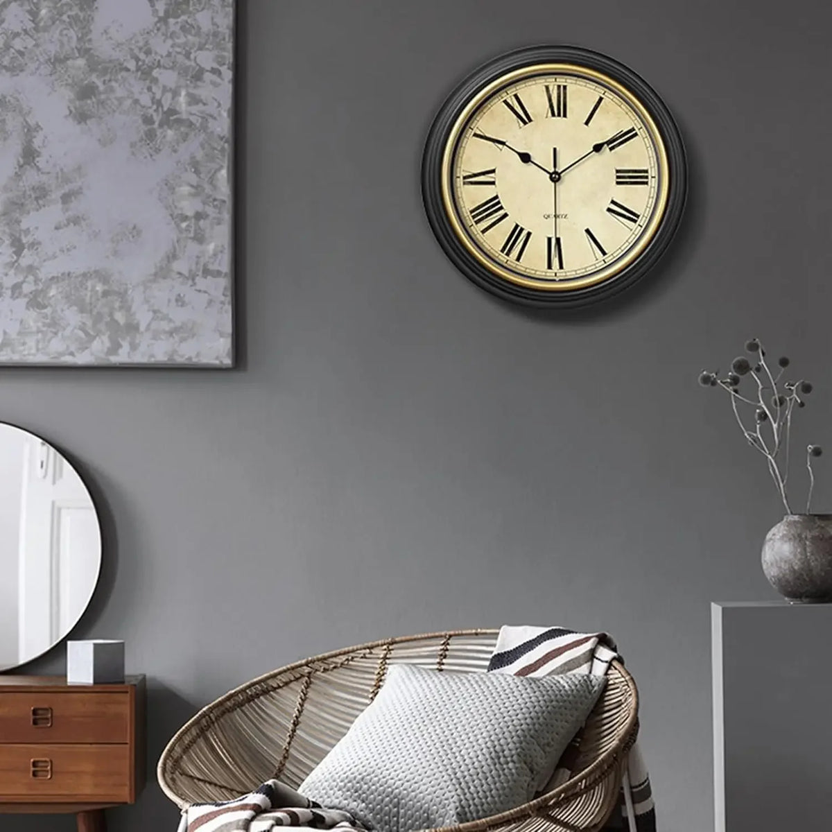 silent vintage wall clock with roman and arabic numerals - vue 2 sur 9