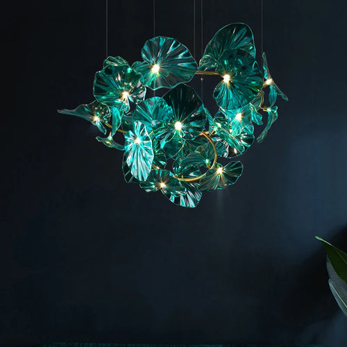 Artistic chandelier with suspended glass leaves LED for hotel - vue 4 sur 13