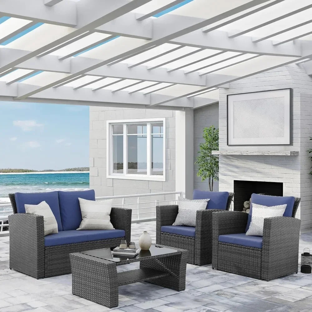 Wisteria Lane 4 Piece Outdoor Patio Furniture Set, Porch Deck Wicker Conversation Set, Gray Rattan Sofa Chair with Back Cushions