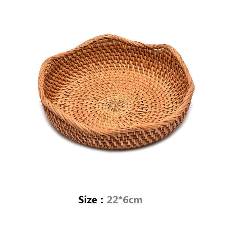 HeMu-Round Rattan Woven Basket, Wicker Fruit Basket, Bread Food, Kitchen Home Decor, Organizer Breadbasket for Kitchen - vue 7 sur 13