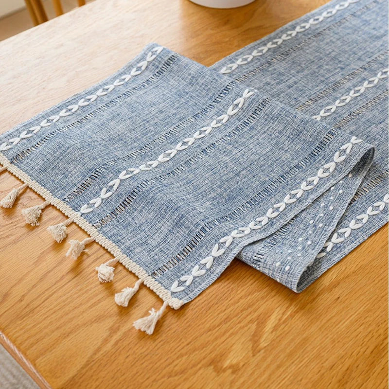Boho braided farmhouse table runner with tassels