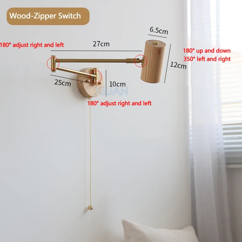 Wabi-sabi style long swing arm wall light with switch