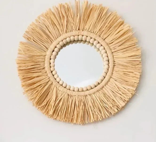Boho decorative mirror with woven straw, romantic for weddings