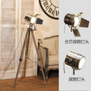 Industrial wood floor lamp with vintage hinged tripod