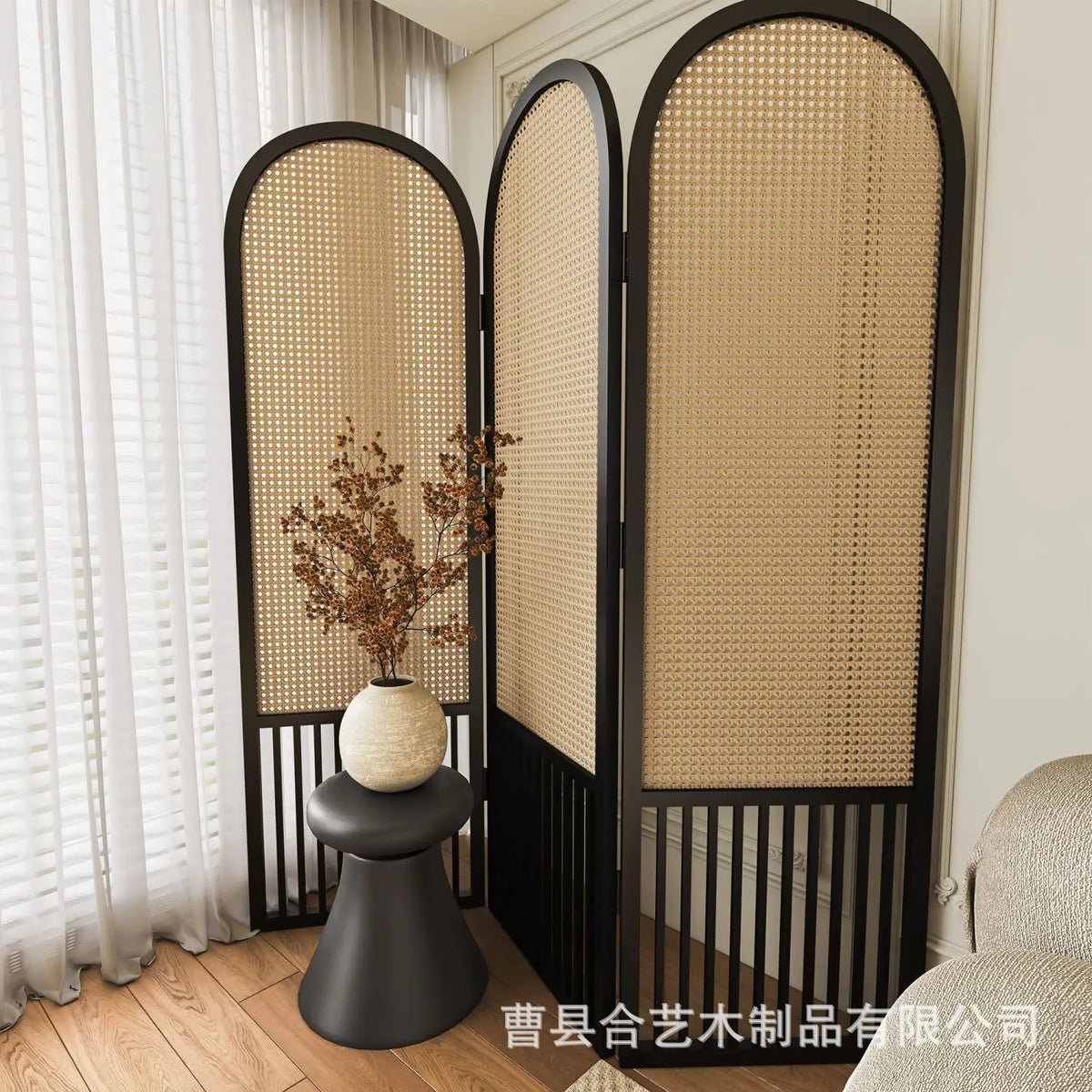 French rattan woven screen, solid wood, foldable, movable fireplace, covering living room decoration, simple home entry