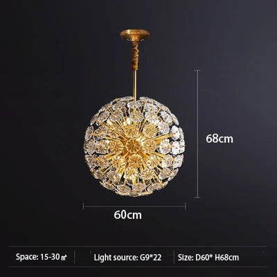 Copper pendant chandelier with round dandelion crystals